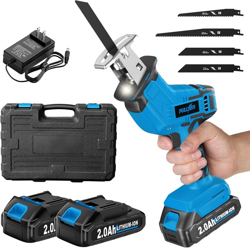 FULLYEA Cordless Reciprocating Saw, 3500 RPM Electric Saws with 4 Blades & 2 Batteries, Tool‑Free Blade Change, Handheld Saw Lightweight, Battery Reciprocating Saws for Cutting Wood PVC Pipe (Blue) - Image 1